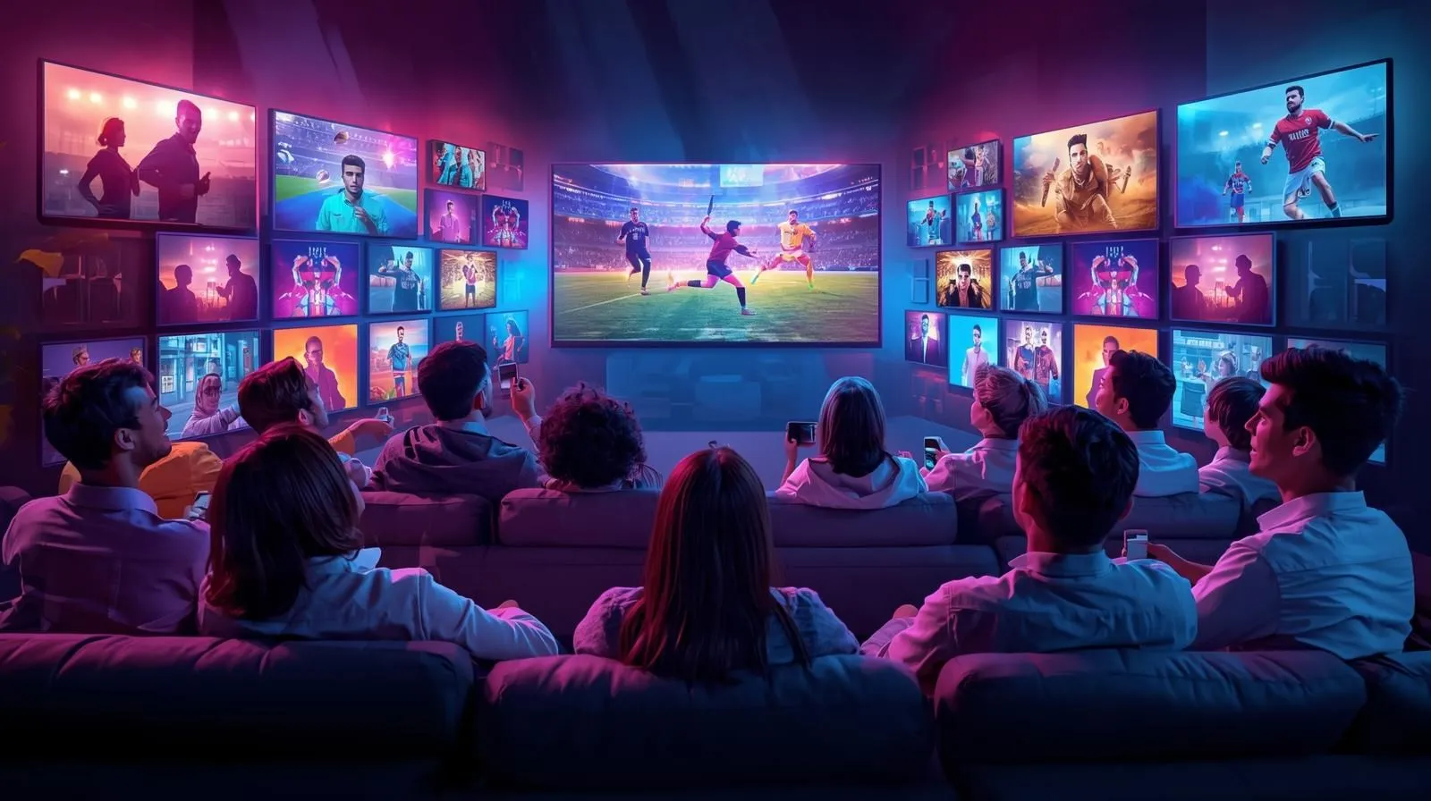 A family on a sofa watching a live game on a large TV with Best IPTV for USA